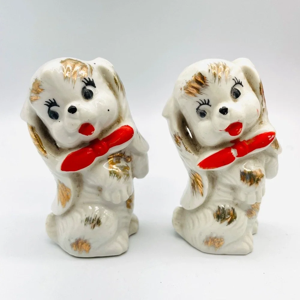 Vintage Japan Puppy Dog‎ Figurine Set Gold Gilt Red Bow Tie 3.5